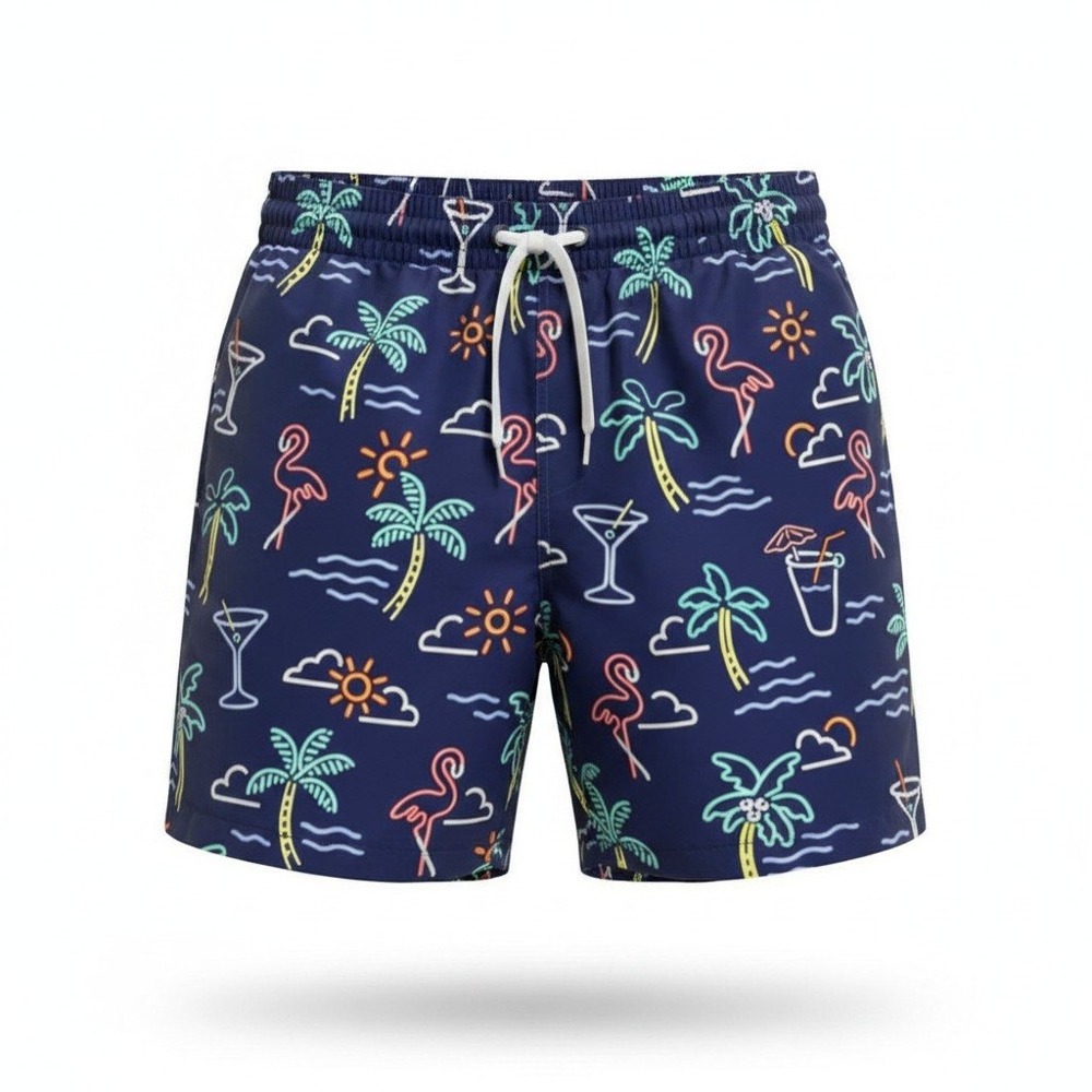 Chubbies Swim Trunks Men Large Blue Neon Flamingo Palm Tree Martini Beach Shorts